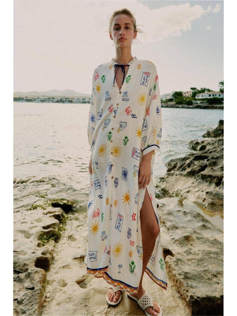 Zara Midi Dress Medium white Crab Sun Printed Beach Theme  2145/332 NWT